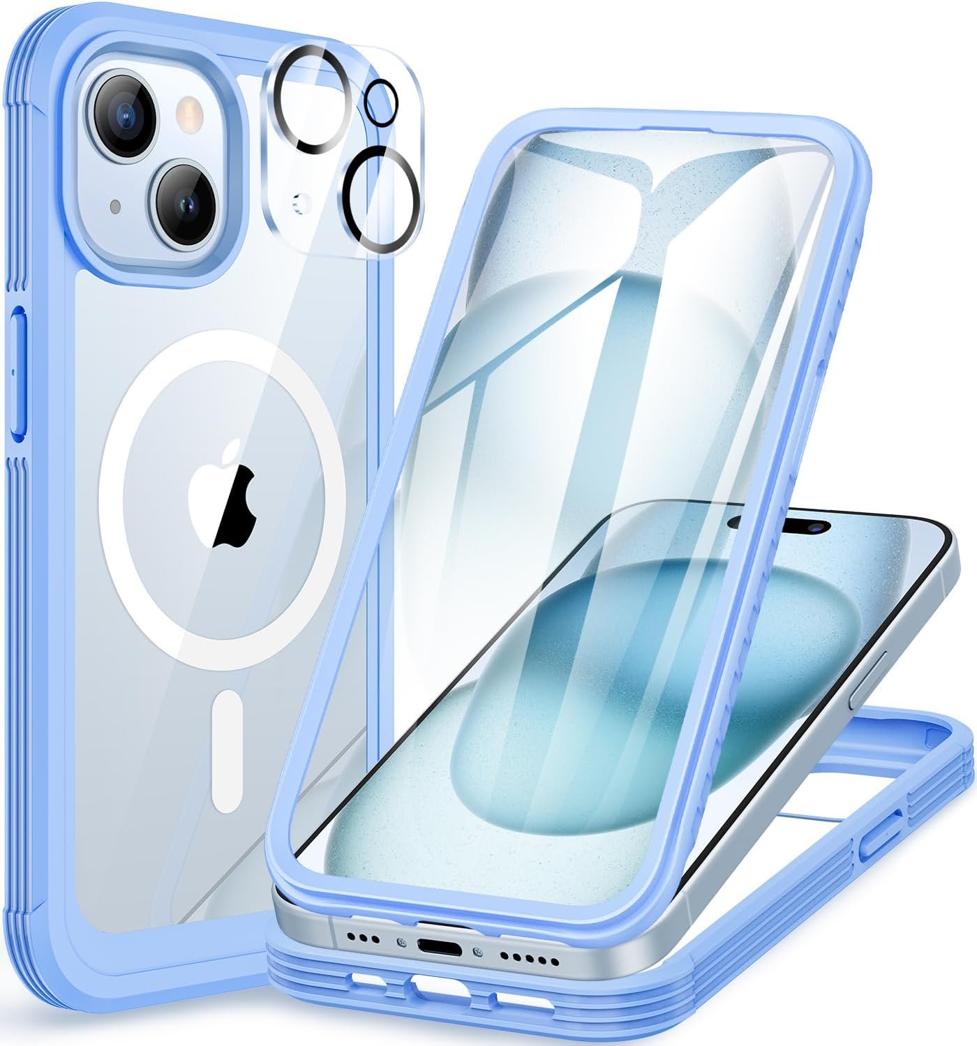 CENHUFO Magnétique Coque iPhone 15 Plus, Compatible avec MagSafe intégré Verre Trempé Protection écran et Protecteur Caméra, 360° Bleu