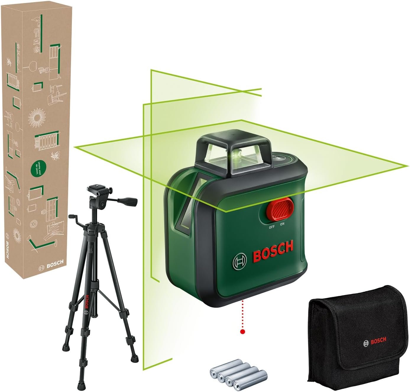 Laser lignes AdvancedLevel 360 avec trépied premium(3 laser lignes avec laser à 360° pour un alignement dans toute une pièce, dans boîte carton pour e-commerce)