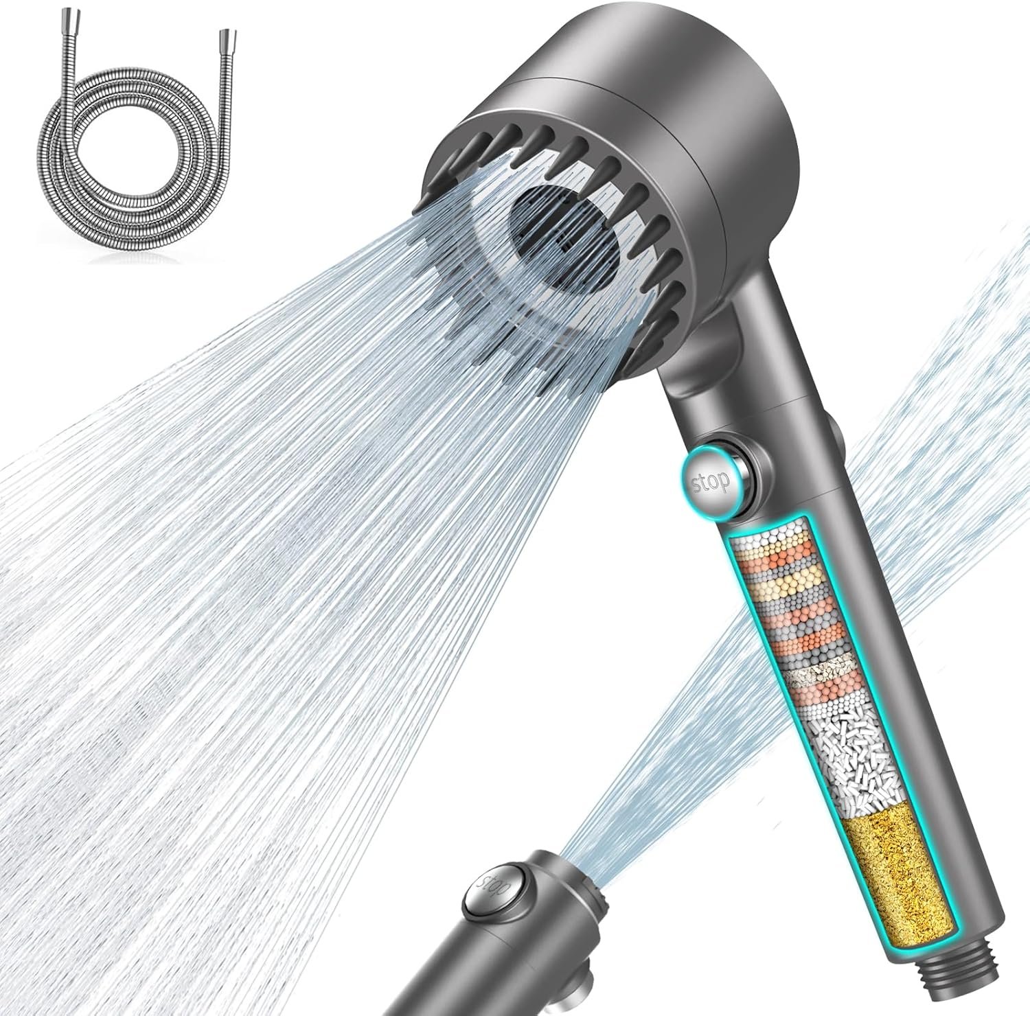 Pommeau de Douche Anti Calcaire avec 15 Étapes Filtre et avec Tuyau 1,5M, Filtre Douche 3 + 1 Types de Jets Pommeau Économie Deau Haute Pression