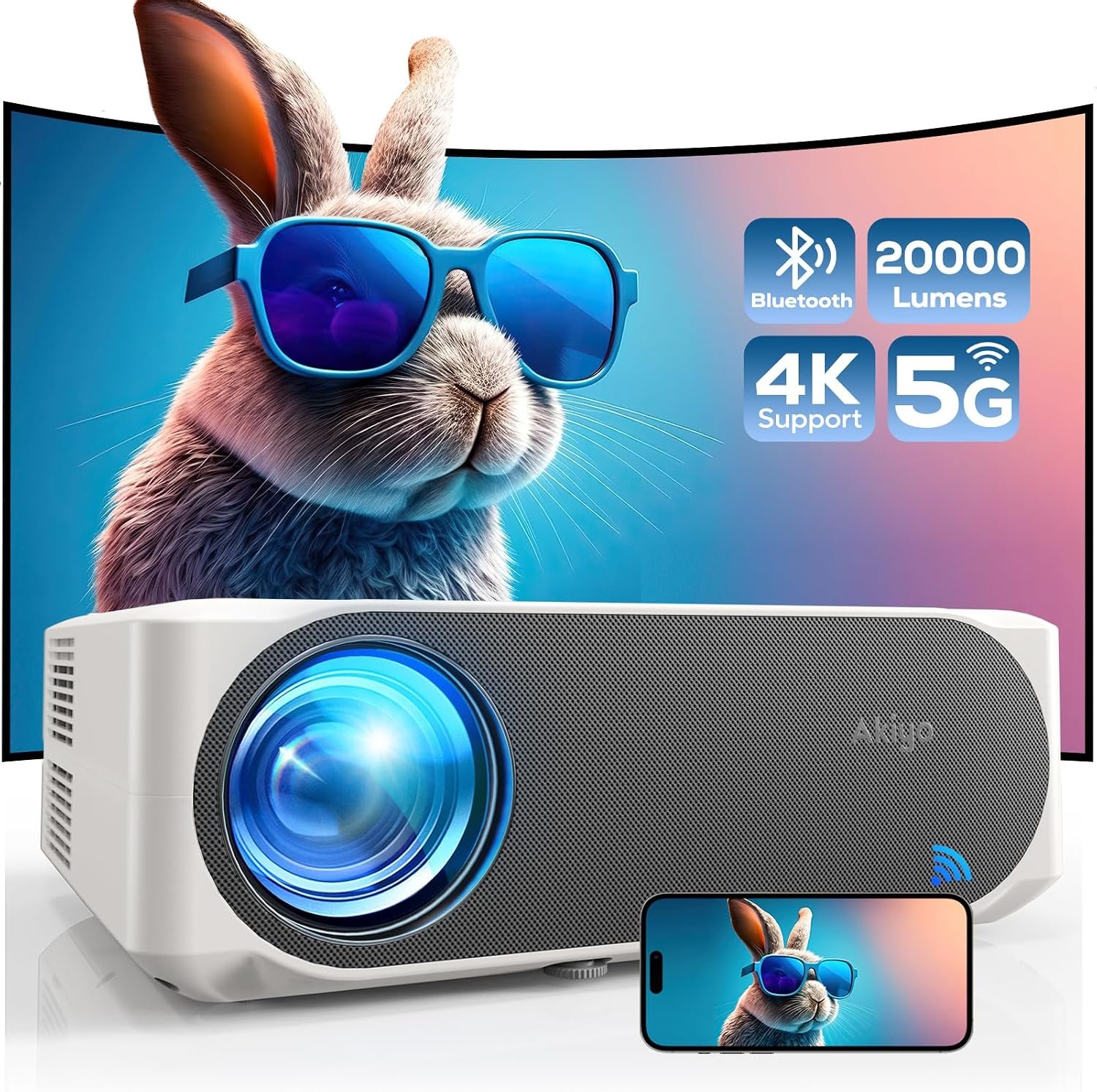 Vidéoprojecteur, 20000 Lumens 4K Supporte Retroprojecteur, AKIYO O8 Projecteur Native 1080P WiFi6 Bluetooth 5.2, 300'' Home Cinéma