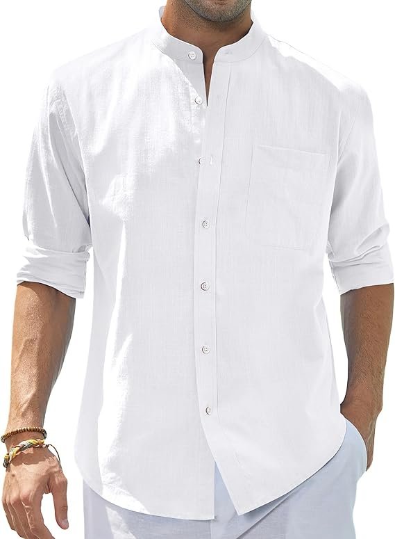 Chemise Homme en Coton & Lin à Col Mao – Manches Longues avec Poche