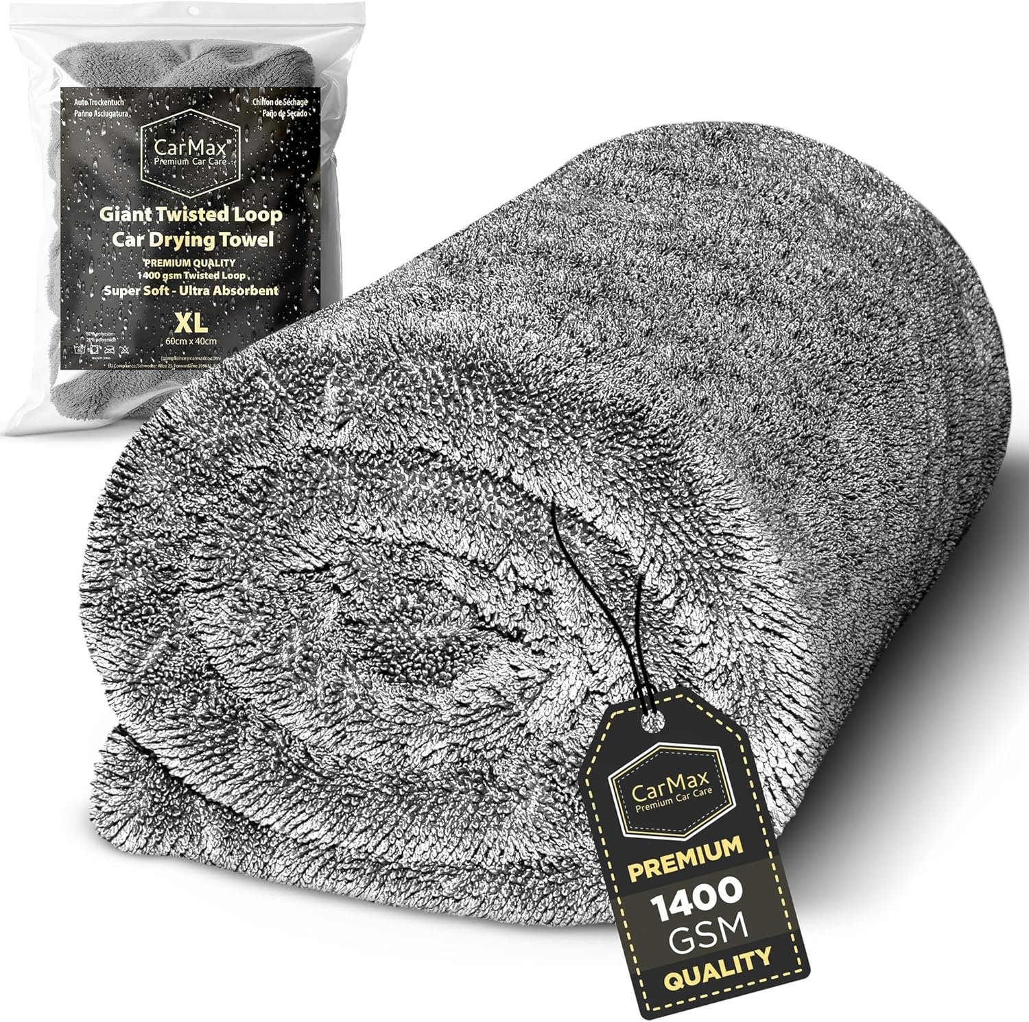 Serviette de Séchage Voiture en Microfibre Twisted Loop – Haute Absorption – Séchage sans Traces – Sûre pour Peinture et Vitres (XL - 60cm x 40cm)