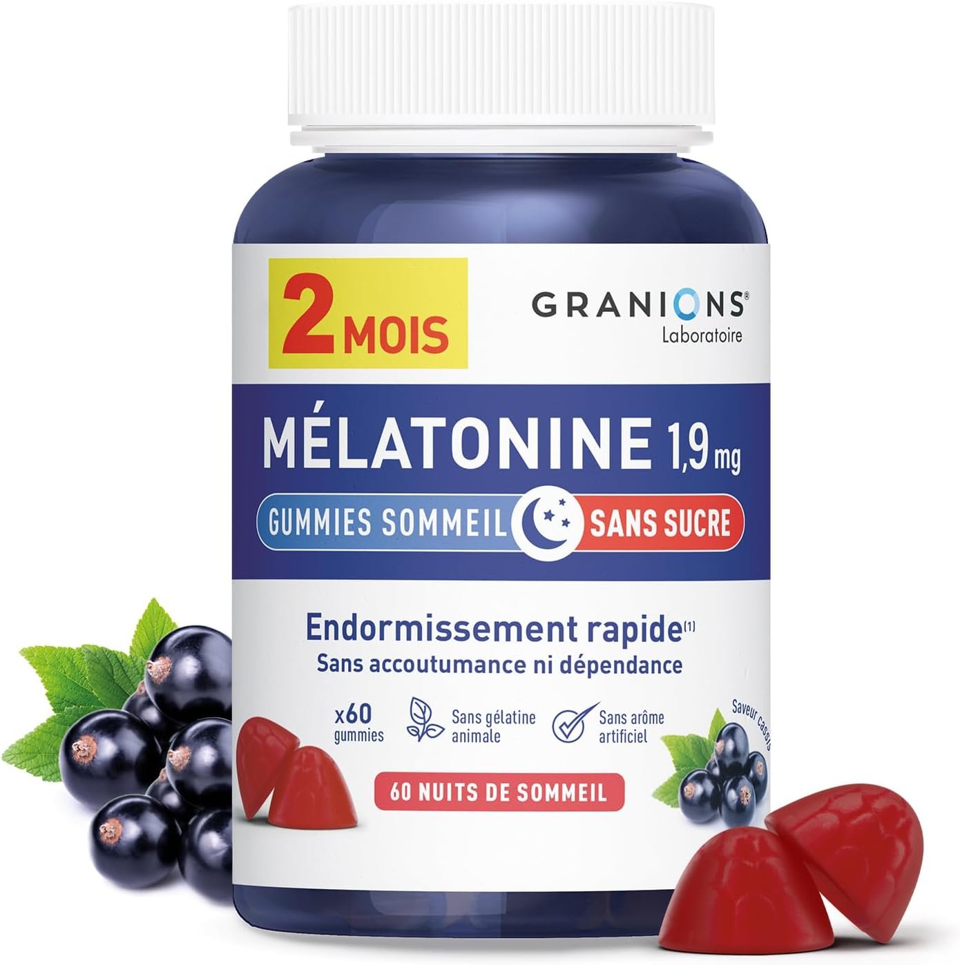 Gummies Sommeil - Granions Melatonine 1,9mg - Vegan Sans Sucre - 60 Gummies - Complément alimentaire