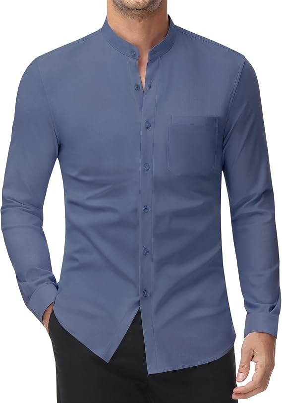 Chemise Homme Stretch à Col Mao – Manches Longues Slim Fit