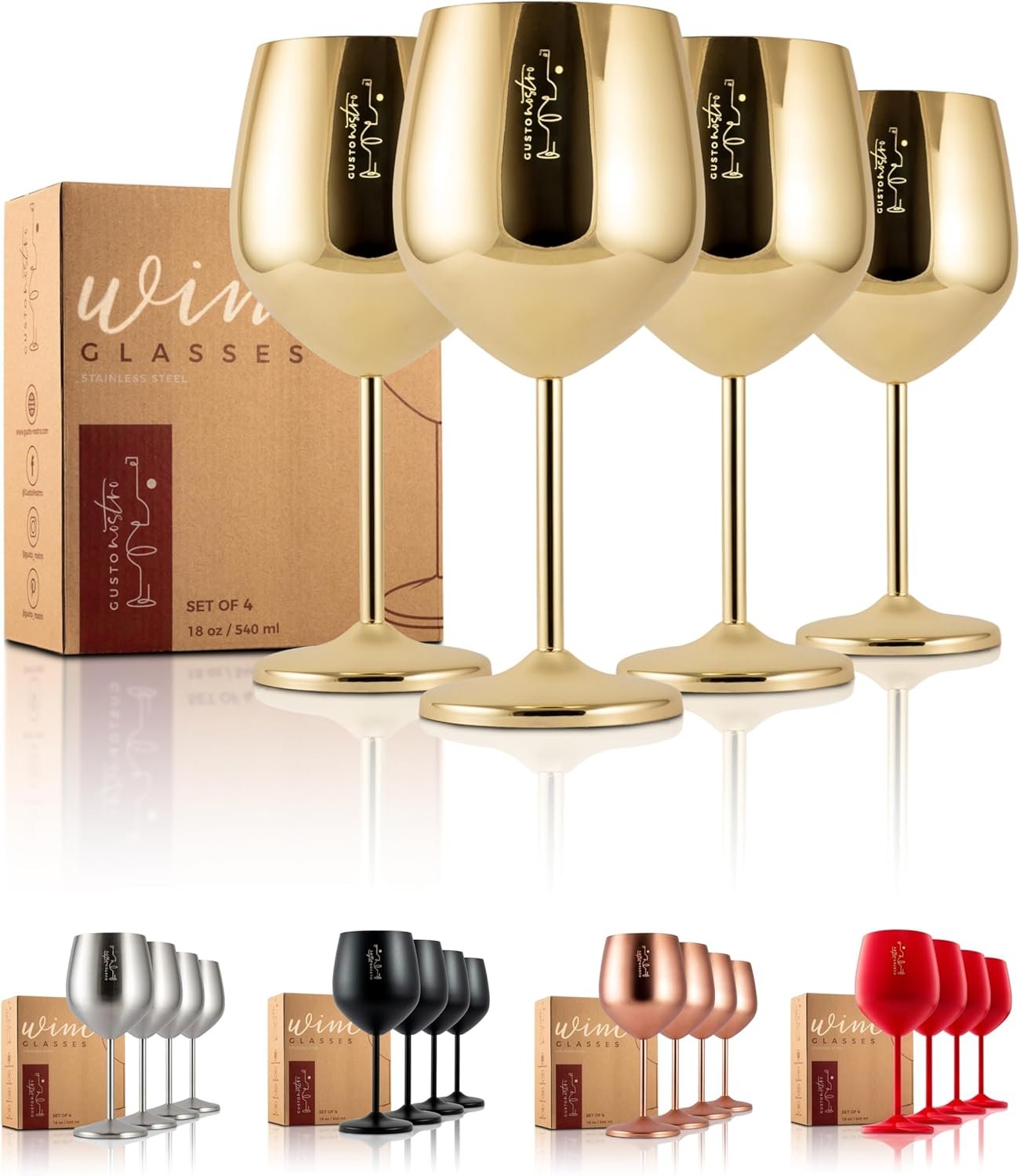 Lot de 4 verres à vin en acier inoxydable – Verres à vin incassables dorés de 532 ml pour voyage, camping et piscine – Verre à vin en métal unique et mignon pour événements en plein air