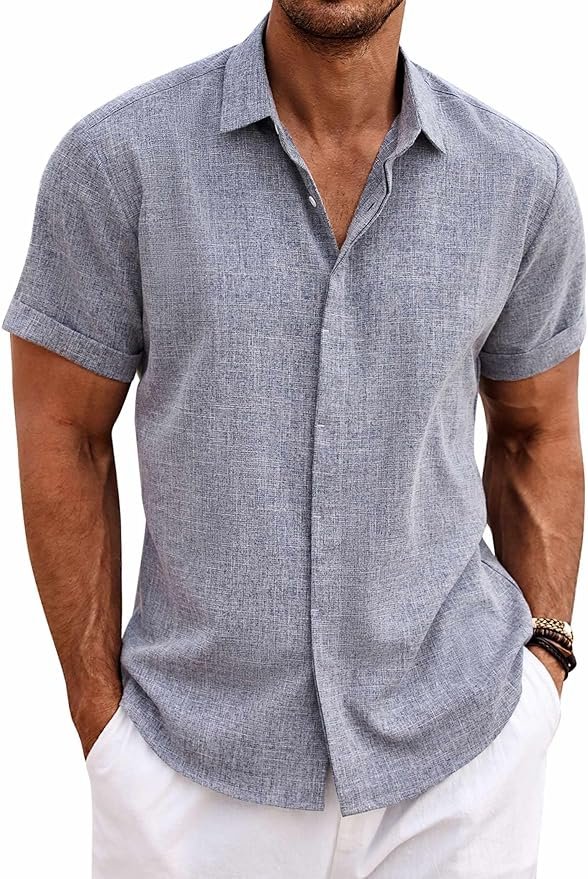 COOFANDY Chemise en Lin pour Hommes Chemise à Manches Courtes Boutonnée Coupe régulière Chemises décontractées Chemise d'été en Lin de Plage