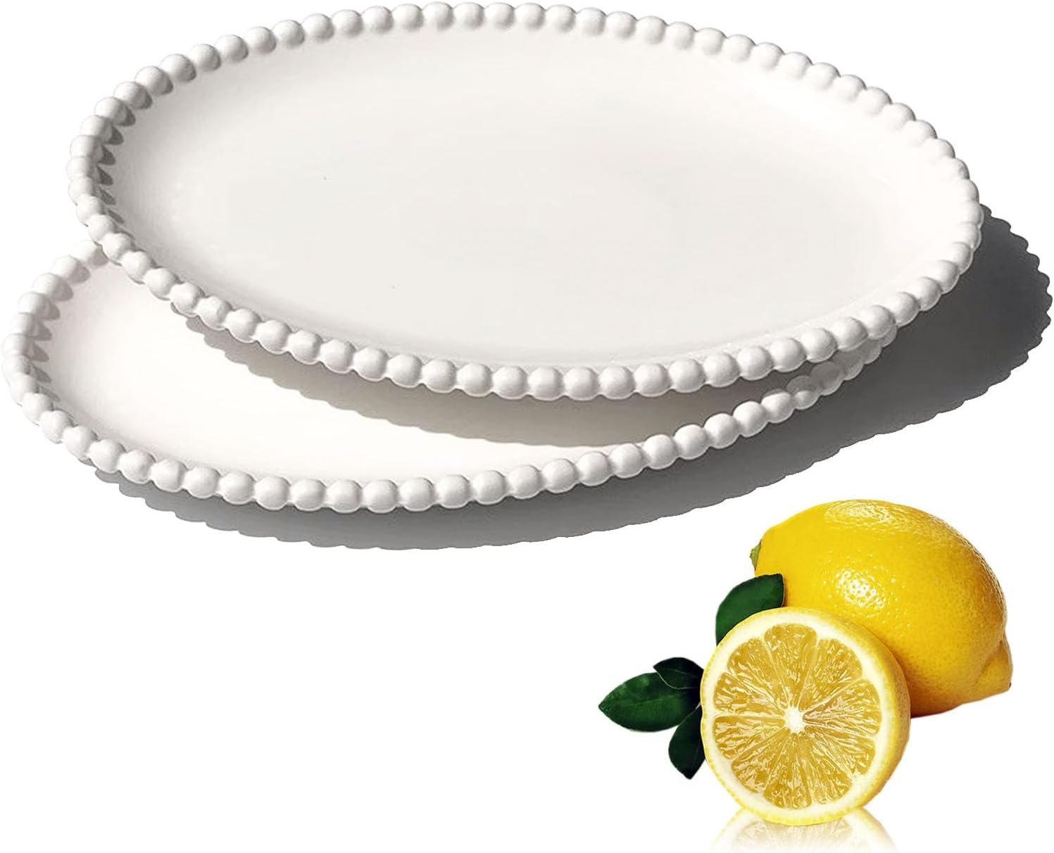 Lot de 2 assiettes à dessert ovales blanches – Élégantes avec bord perlé, assiettes de fête, dîner/salade/fruits/goûter, idéales pour anniversaire, fête, camping, restauration DM10