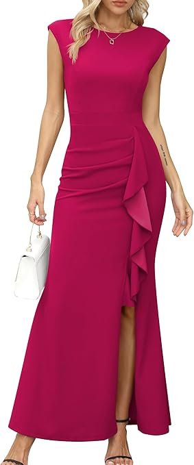 Robe de soirée maxi pour femme avec manches bouffantes et ouverture en forme de sirène pour mariage, cocktail, bal