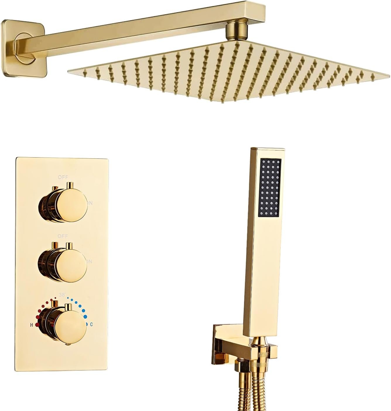 Douche Encastrée Thermostatique Doré, Colonne de Douche Encastrée avec 25x25cm Douche de Tête, Mitigeur Douche Encastre avec Douchette