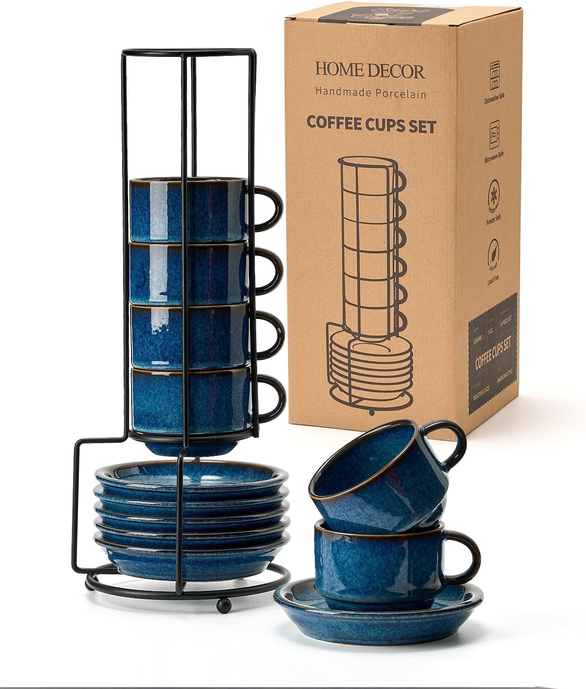 Tasses à cappuccino Set - Processus de glaçage réactif - 6 tasses à café de 140 ml avec soucoupe et support pour Espresso, Cappuccino et Latte - Glaçage réactif bleu