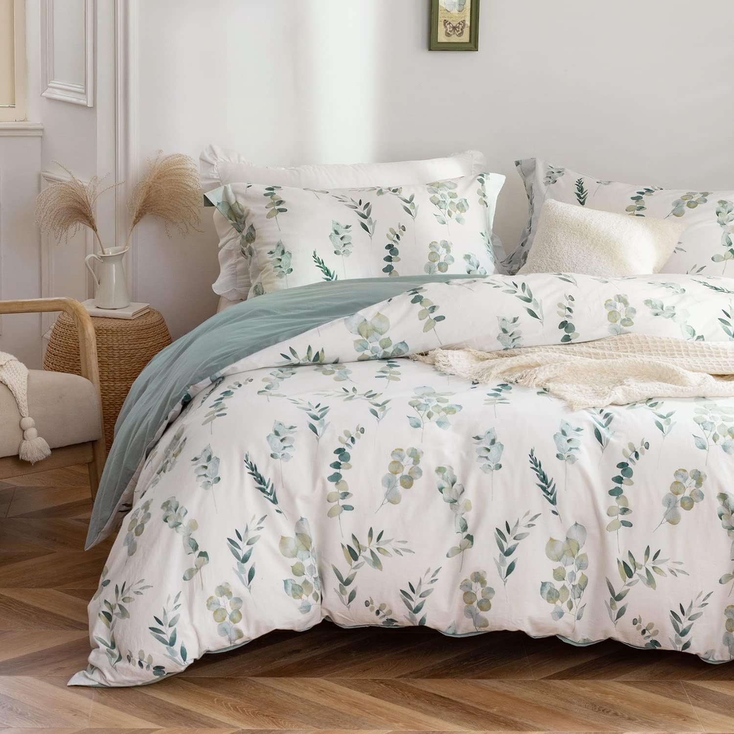 Housse de Couette 220x240 Coton - Design Motif Botanique, 100% Coton Lavé, Certifié Oeko-TEX, Vert Sauge Motif Feuilles Parure de Lit 2 Personnes 220x240 Coton avec 2 Taies d'oreiller 65x65 cm