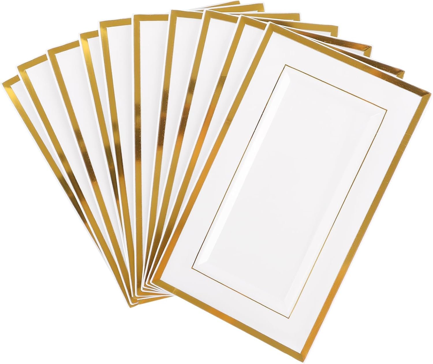 Lot de 10 Plateaux Blanches en Plastique avec Bordure Dorée 33x20cm Rectangulaires – Plateau de Service Élégant, Assiettes en Plastique Réutilisables pour la Maison, Anniversaires, Mariages