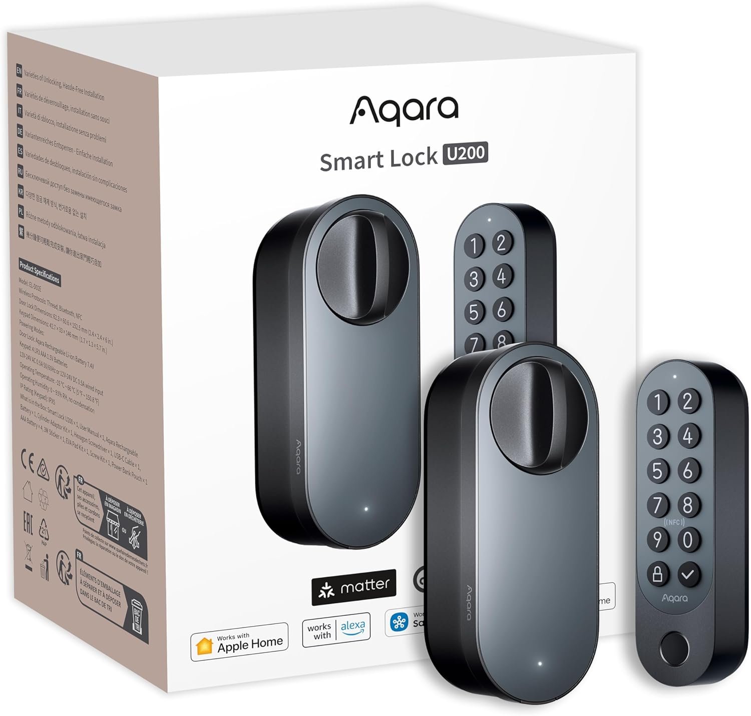 Serrure Connectée U200 avec Clavier à Empreinte Digitale, Matter sur Thread, Accès avec Clé Apple Home, Serrure Porte avec Batterie Rechargeable