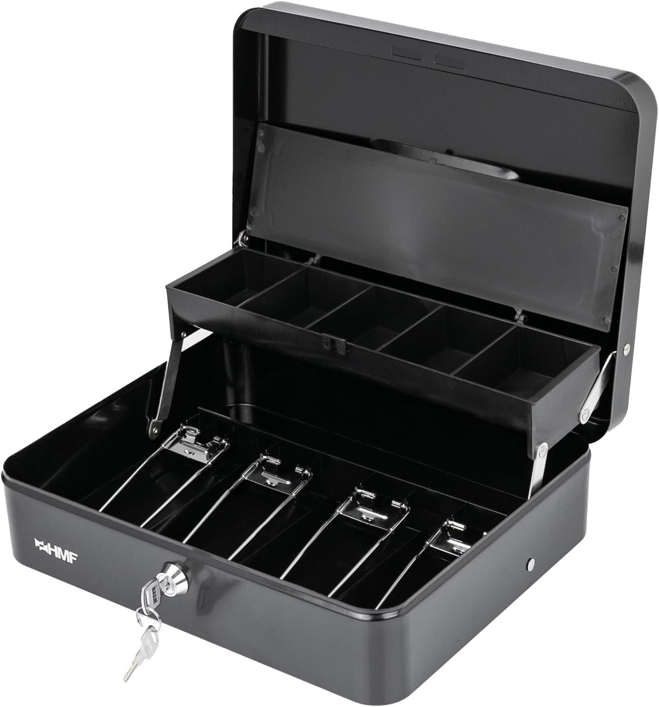 Caisse à monnaie verrouillable avec compartiment à monnaie et 4 compartiments à billets avec pince