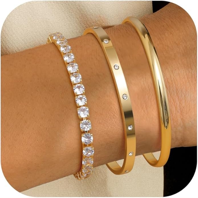 ORAZIO 3Pcs Bracelet Or pour Femme Plaqué Or 14 Carats Bracelets Empilables Tennis Chaîne Bracelet Manchette Réglables Ensemble Bracelets étanches Bijoux Or pour Femme