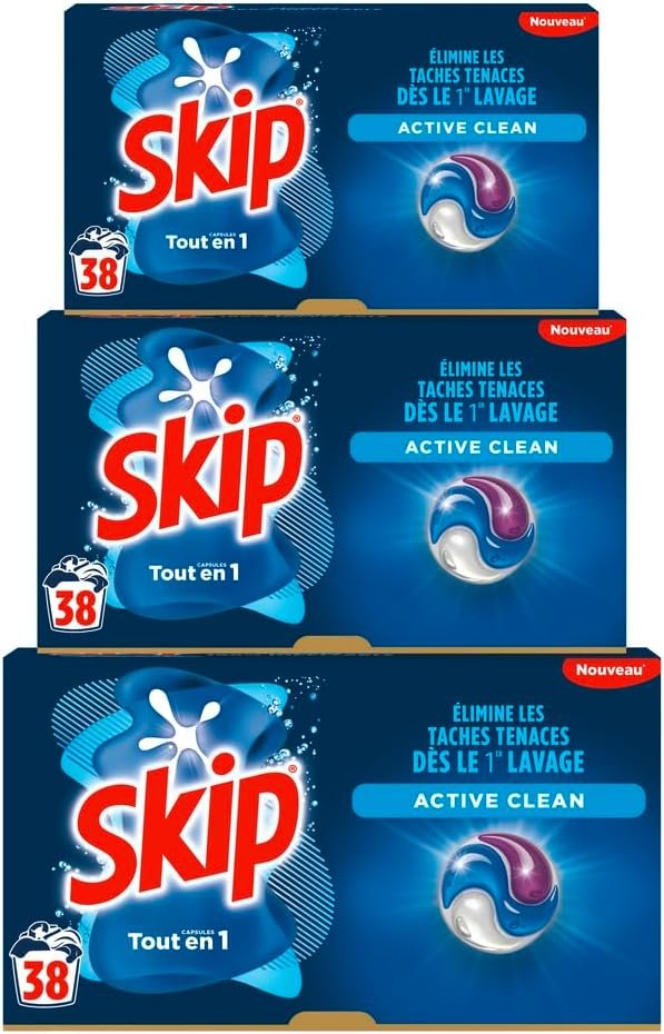 Lessive liquide en capsules Active Clean 3 en 1-114lavages - résultat impeccable et fraîcheur longue durée - sans emballage plastique (lot de 3x38)