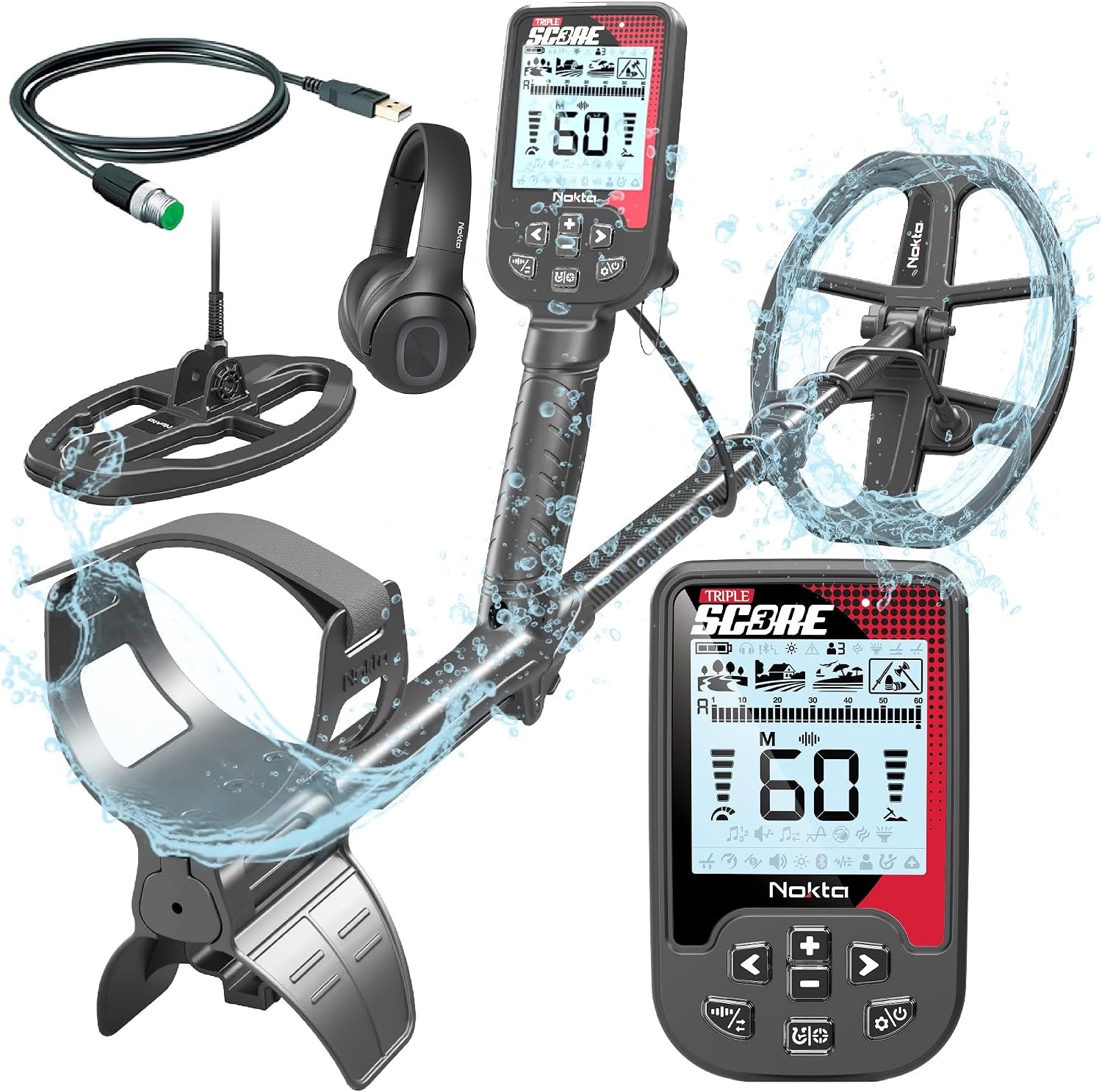 Nokta Triple Score PRO Pack Metal Detector pour adultes - Détecteurs de chasse au trésor entièrement étanches, rechargeables, multifréquences et faciles à utiliser