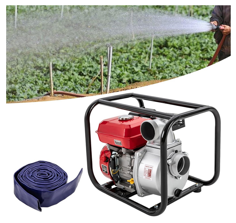 Pompe à Eau à Essence 4 Temps 7,5 HP avec Conduite d'Eau de 7,5 m,