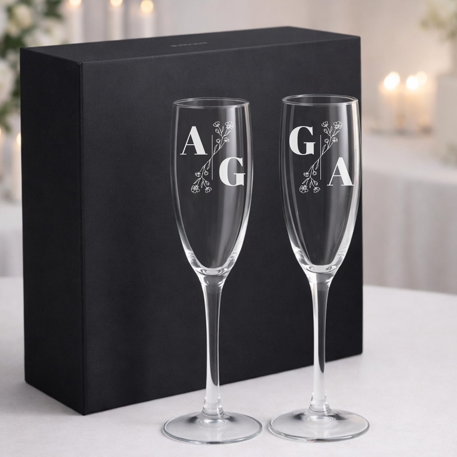 Pack 2 Flûtes à Champagne Personnalisés | Boîte Cadeau Incluse | Coupes de Champagne avec Gravure | Fêtes/Anniversaire/Mariage | Verres à Champagne | Verre 20cl | Initiales