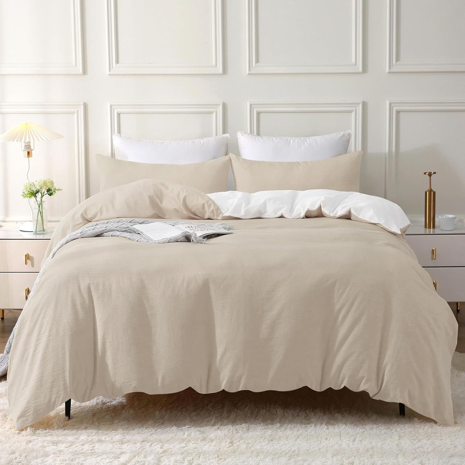 Housse de Couette 220x240 Coton, Chameau Beige Ensembles de Housse de Couette avec Fermeture Éclair, 100% Coton Lavé, Texture Lin, Parure de Lit 220x240 Coton avec 2 Taie d'oreiller 65x65 cm