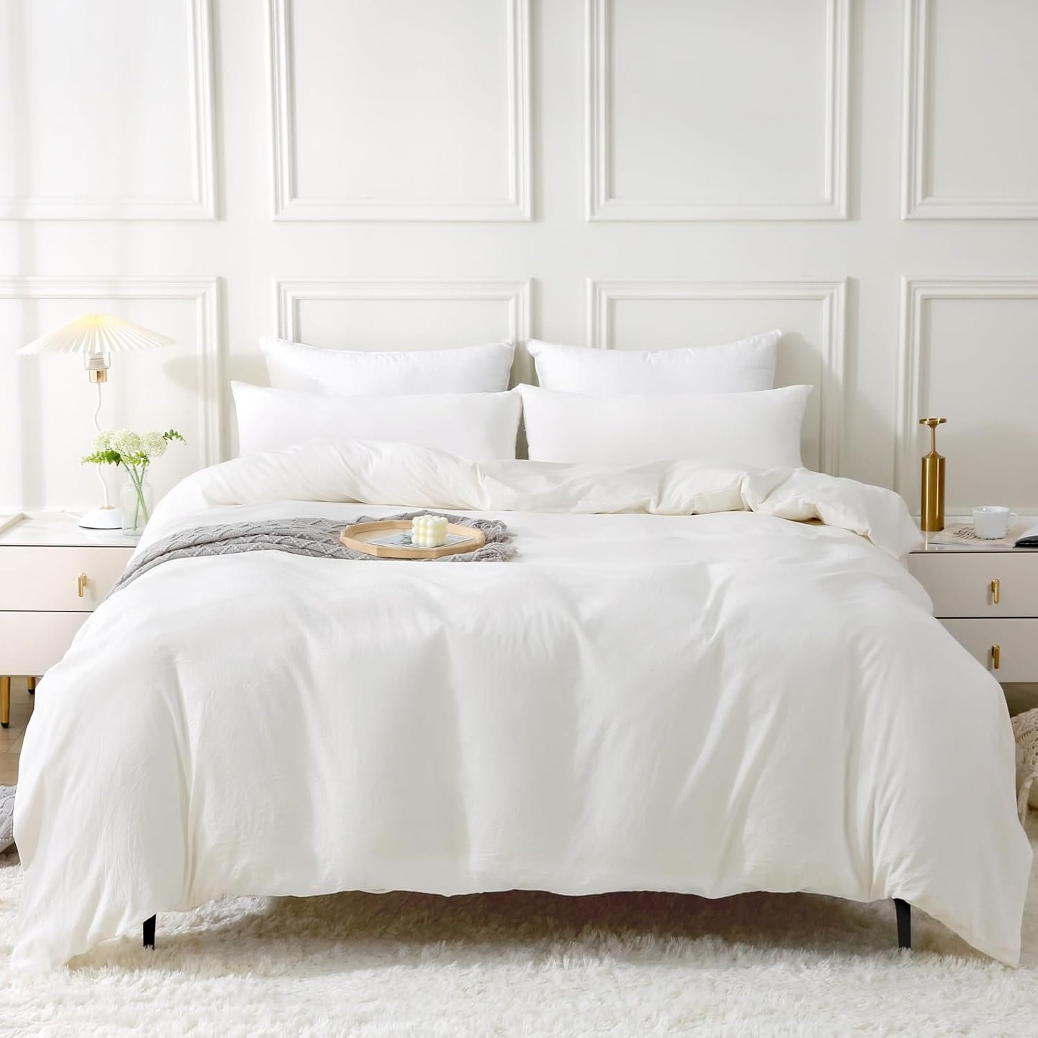 Housse de Couette 220x240 Coton, Blanc Laiteux Ensembles de Housse de Couette avec Fermeture Éclair, 100% Coton Lavé, Texture Lin, Parure de Lit 220x240 Coton avec 2 Taie d'oreiller 65x65 cm