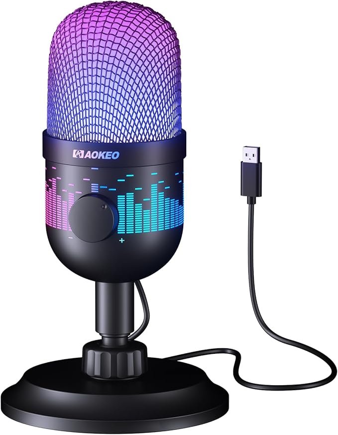Aokeo Microphone de Jeu, d'ordinateur USB pour PC, Mac, PS4/5,de Podcast à condensateur pour Enregistrement en Studio, pour Streaming, Podcast, Youtube, avec lumière LED