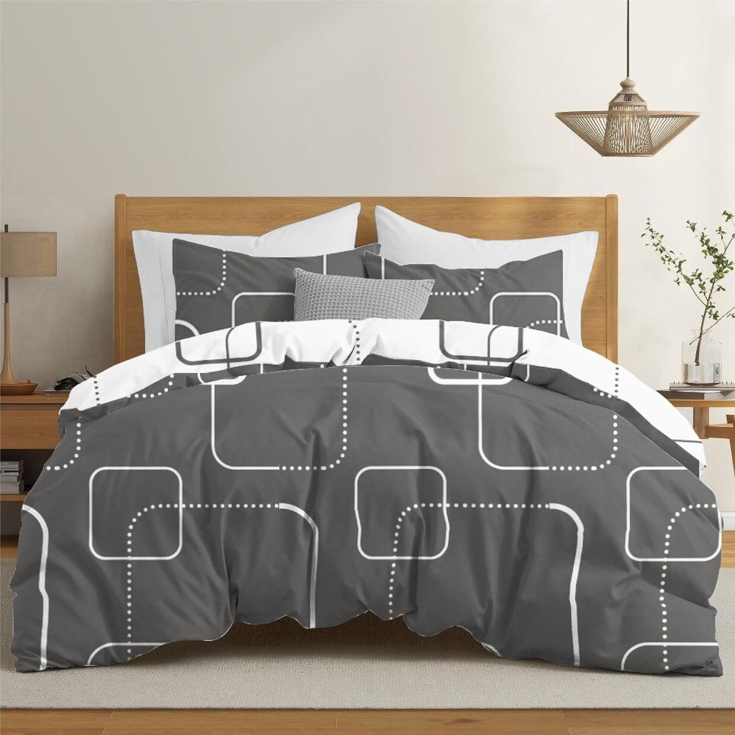 Housse de Couette 220x240 cm avec 2 Taies d'oreiller 65x65 cm, Motif Geo Gris Blanc, Parure de Lit en Microfibre 220x240 Adulte avec Fermeture Éclair, Linge de Lit 2 Personnes