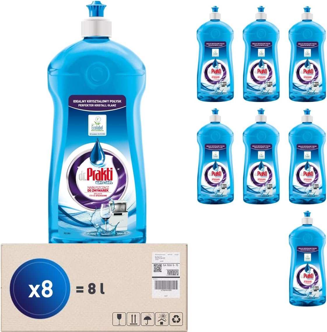 Liquide de Rinçage pour Lave-Vaisselle, donne de la brillance à la vaisselle, ne laisse pas de traces, facilite le séchage, 1 l x 8