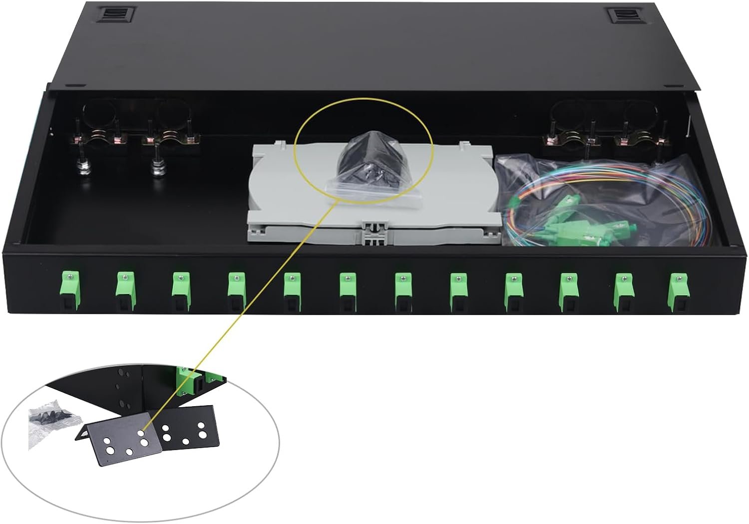 12 Singlemode 12 Port SC-APC Rack Mount Enclosure Box & Splice Trays Fiber Cables Kit (Include Pigtail & Couplers), 12 Core LGX Loaded Patch Panel Box fits for 19" Racks Cabinet