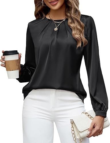 Chemisier habillé décontracté à manches longues plissées en satin de soie pour femme, tenue d'automne