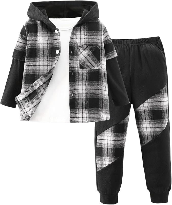 Ensemble Enfant Garcon Hiver 2-7 Ans Vêtements Garçons Pantalon Et Haut Top Sweat a Capuche Manches Longues à Carreaux pas Cher Chic Vacances Casual Sport Jogging