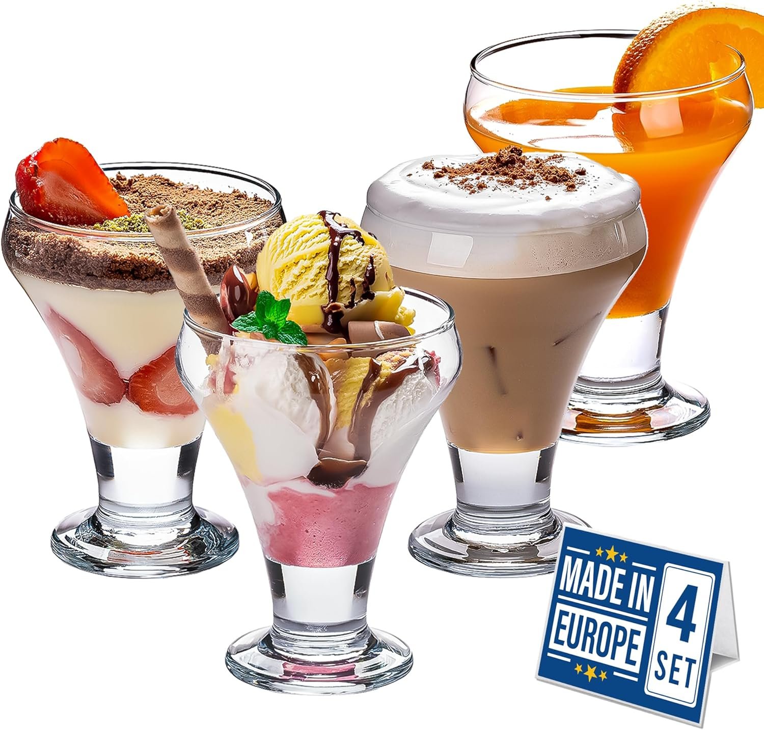 Lot de 4, Verres à Pied, 100% SANS PLOMB Coupes à Dessert, Plats à Sundae en Verres, Verrines à Crème Glace, Pudding Dessert Glasses, Ice Cream Cups