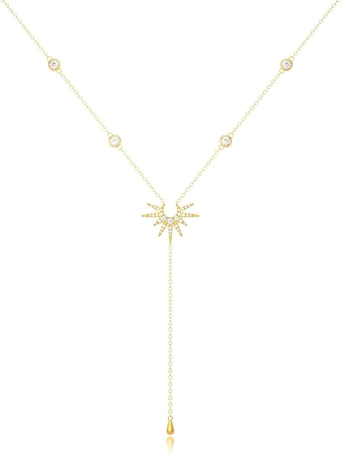 Moguri Élégant Collier en Y en or 14 carats avec pendentif en forme de soleil, bijoux boho pour femme, pour l'été, style boho, L, Or, L