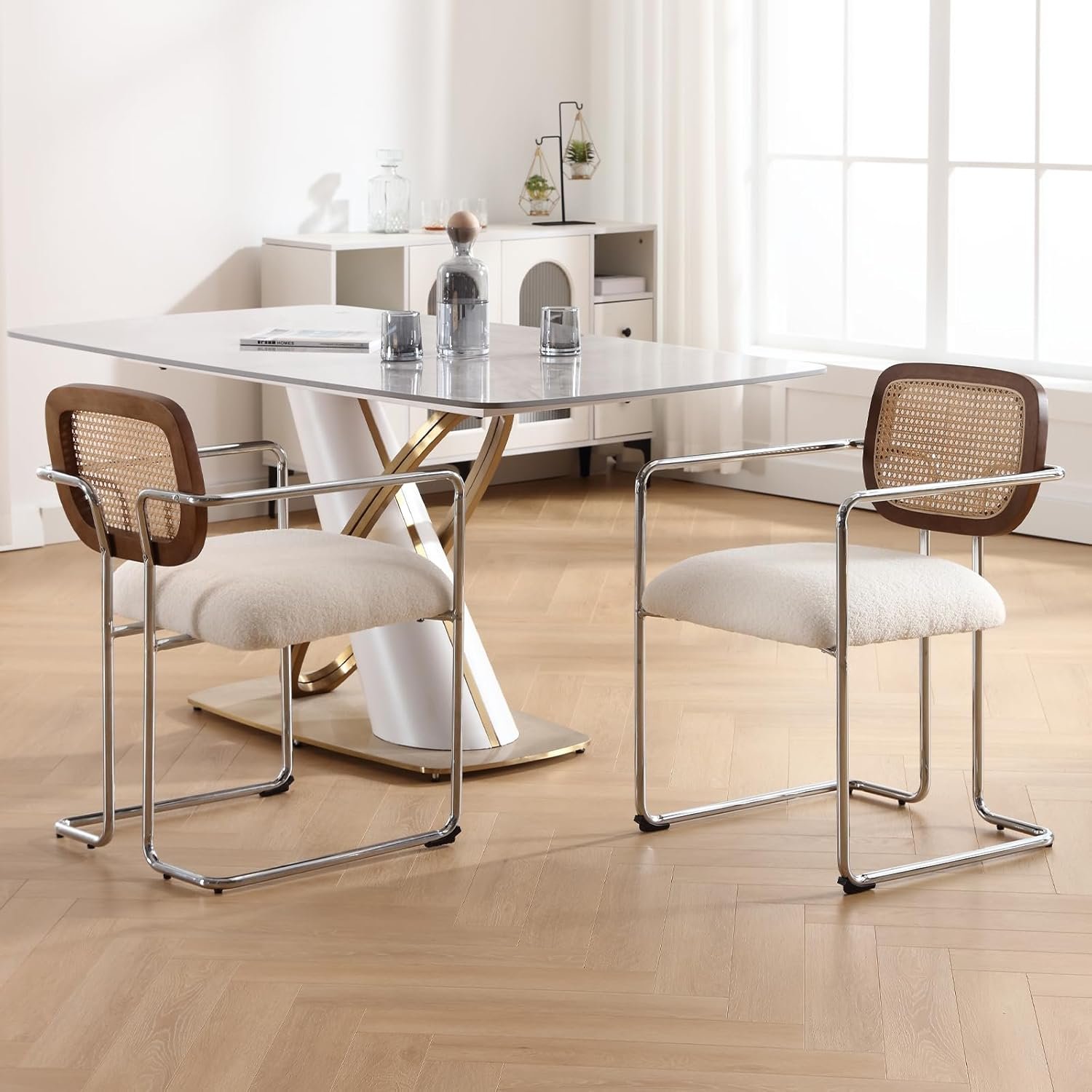 Chaise de Salle à Manger Lot de 2 Chaise Rotin en Fausse Fourrure Fauteuil Salon Chaise de Cuisine avec Pieds en Métal, Blan
