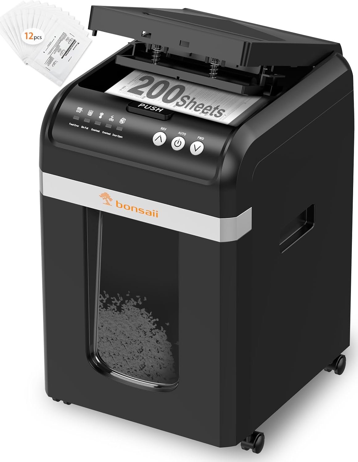 Destructeur de Documents Auto Feed 200 Feuilles, 60 Min de Fonctionnement, Micro-Coupe P-4, Bac 31L, Mode Manuel pour Cartes de Crédit, Silencieux & Écoénergétique, Idéal Bureau,