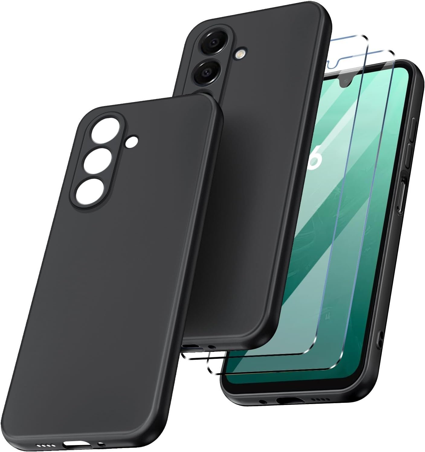 Teck Coque pour Samsung Galaxy A16 4G/5G + 2 Verre Trempé Protection écran, Housse Etui en Silicone TPU Souple (Noir)