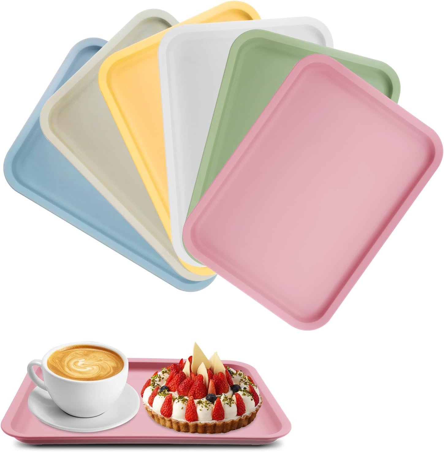 Lot de 6 plateaux en plastique rectangulaires réutilisables petit plateau de service en plastique, plateau de cuisine pour gâteaux biscuits, fruits pains (24,8 x 17,8 cm, 6 couleurs)