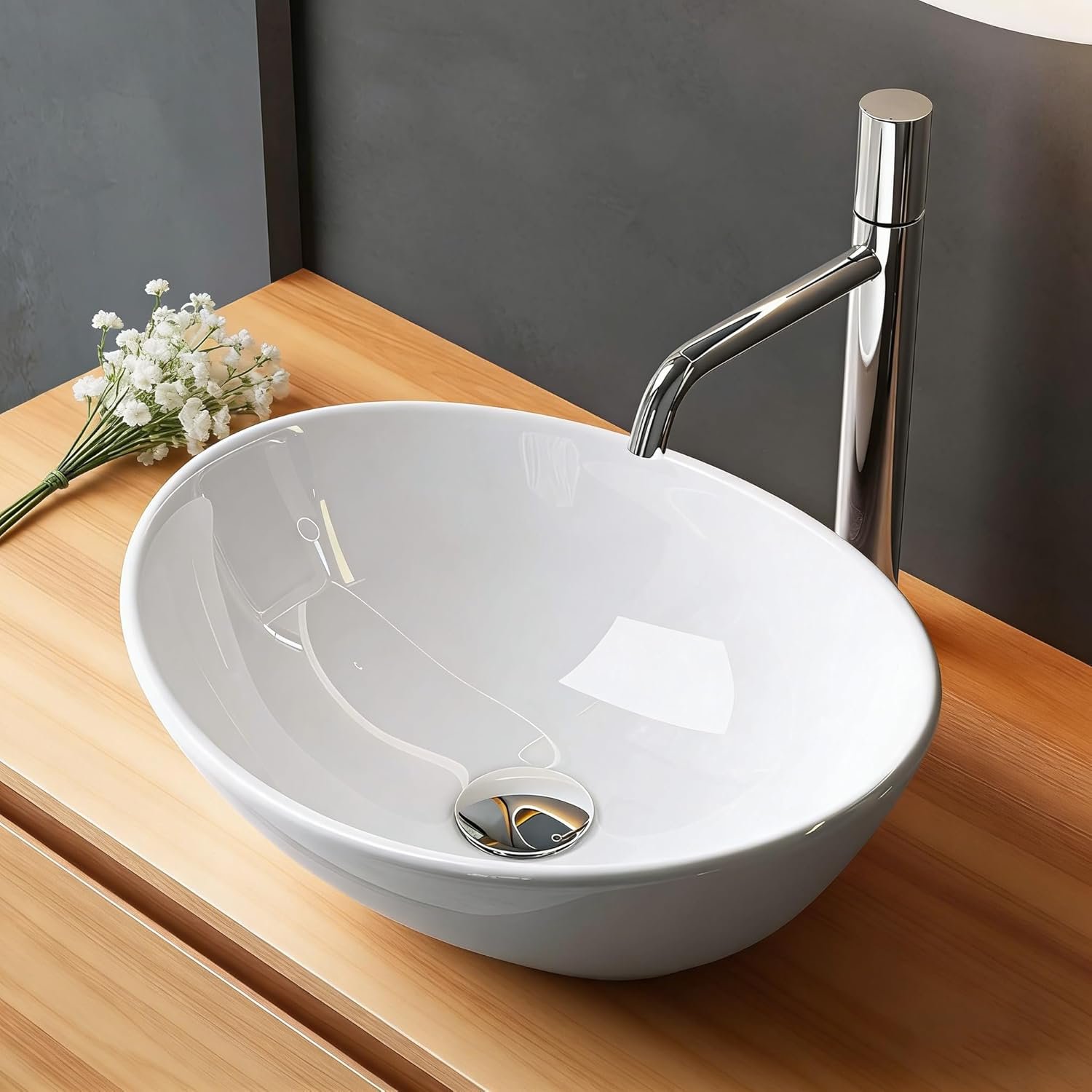Vasque à poser ovale en céramique - 41×33×14 cm Mini lavabo design sans trou & sans trop-plein - Idéal pour salle de bain et WC d'appoint