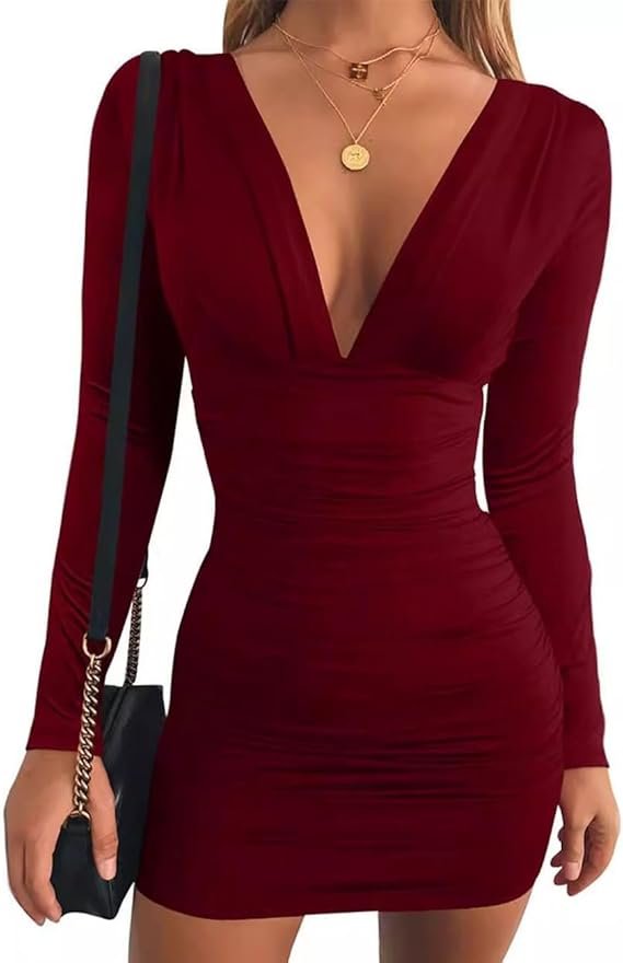 Women Mini Wrap Dress, Sexy Hip-Hugging Ruched Dresses, Col V Profond et Doux/Une épaule Robe Fourreau Bodycon