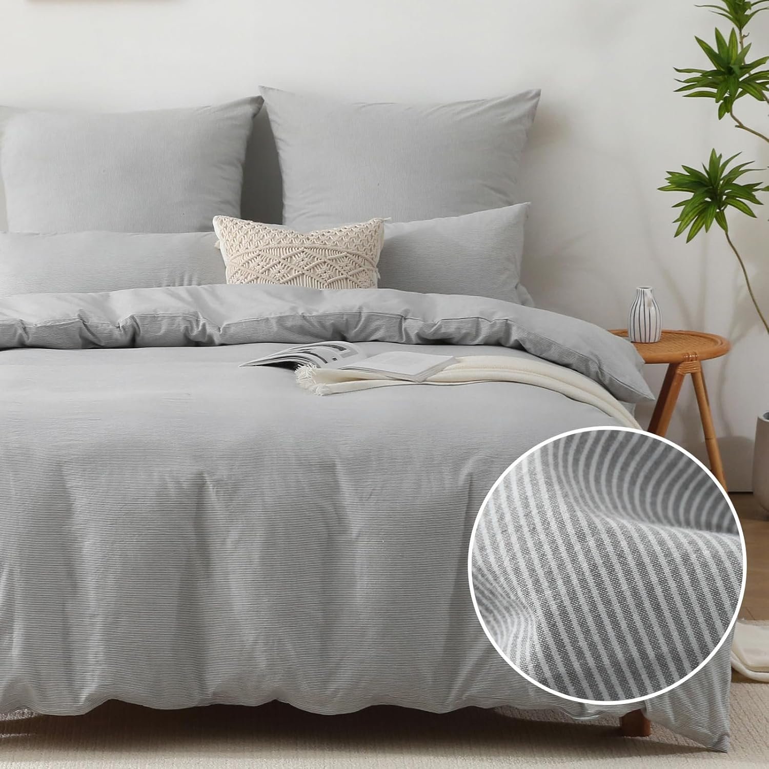 Housse de Couette 220x240 Coton Rayures avec 2 Taies d'oreiller 65x65 cm, 100% Coton Lavé, Certifié Oeko-TEX, Gris Parure de Lit 2 Personnes 220x240 Adulte Coton avec Fermeture Éclair