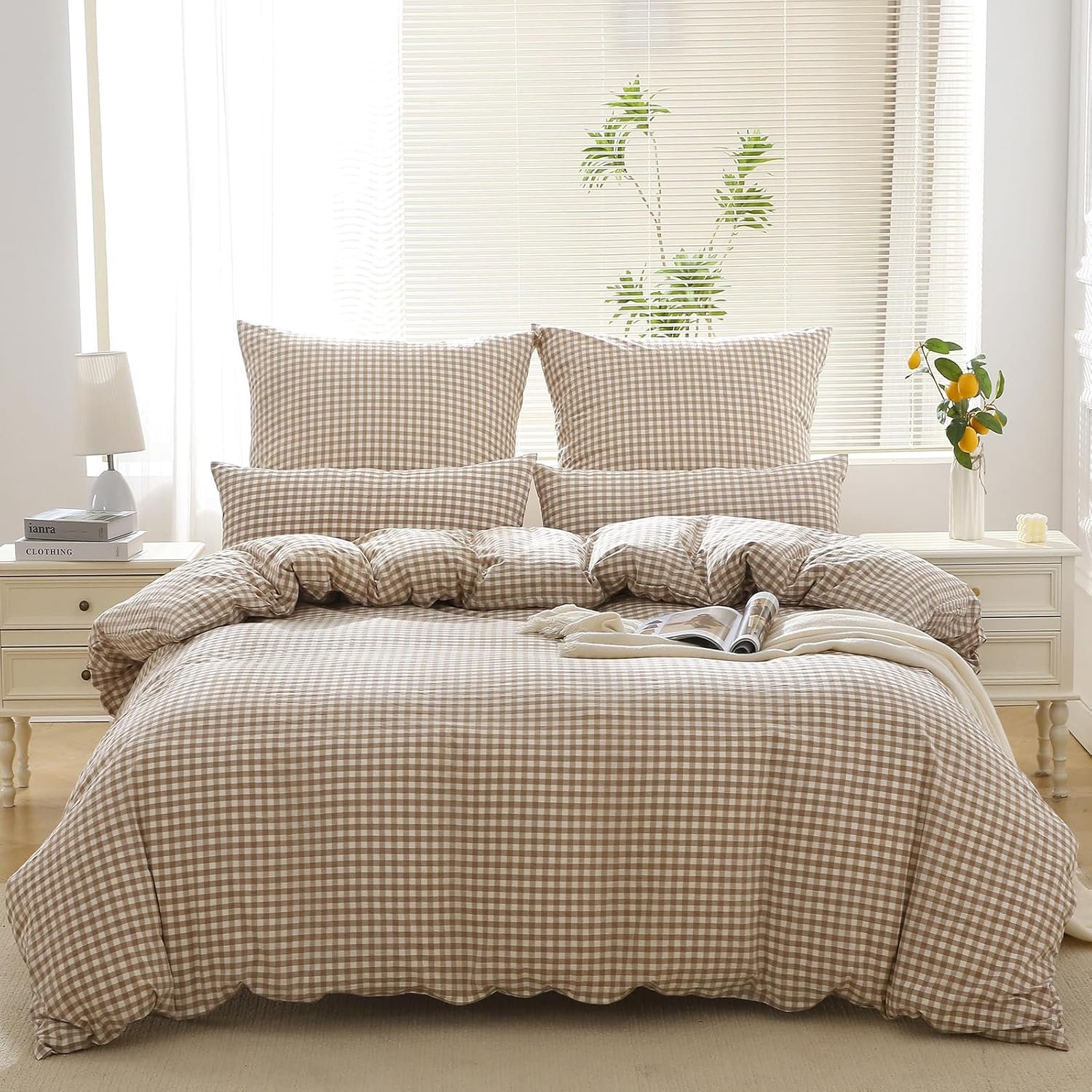 Housse de Couette 220x240 Coton Carreaux, Beige Linge de Lit avec Fermeture Éclair, 100% Coton Lavé, Certifié Oeko-TEX, Parure de Lit Vichy 220x240 Coton avec 2 Taies d'oreiller 65x65 cm
