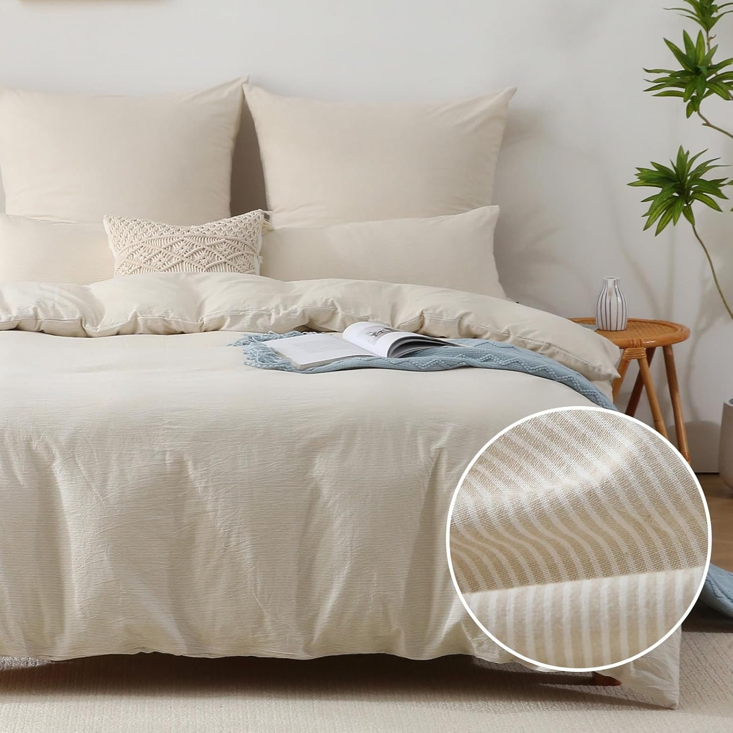 Housse de Couette 220x240 Coton Rayures, Beige Linge de Lit avec Fermeture Éclair, 100% Coton Lavé, Certifié Oeko-TEX, Parure de Lit 220x240 Adulte Coton avec 2 Taie d'oreiller 65x65 cm