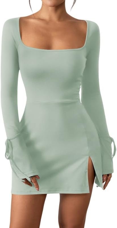 Robe Moulante à Manches Longues pour Femmes Sexy Mini Robe et Col Carré Élégante Robe Courte Bodycon Dress Chic Et Glamour pour Soirée Cocktail Party Fête Club Bal Décontractée