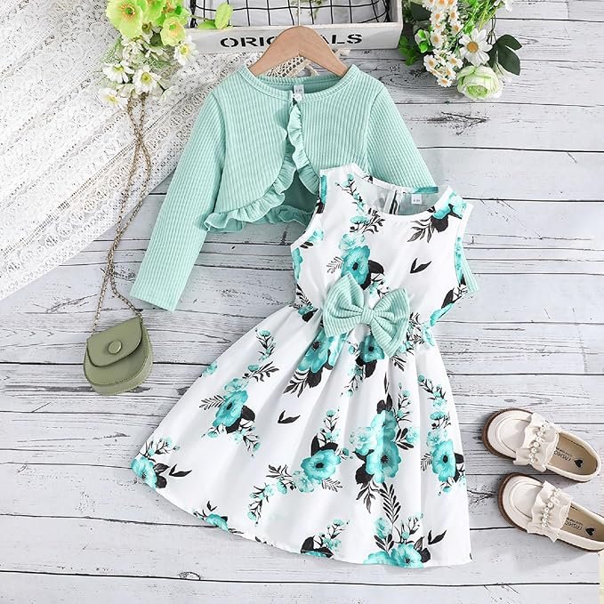 Kunyeah Robe pour Enfants en Bas âge Filles avec Cardigan Ensemble Petite Fille Floral sans Manches Robe à Volants Manteau bébé à Manches Longues Tenue