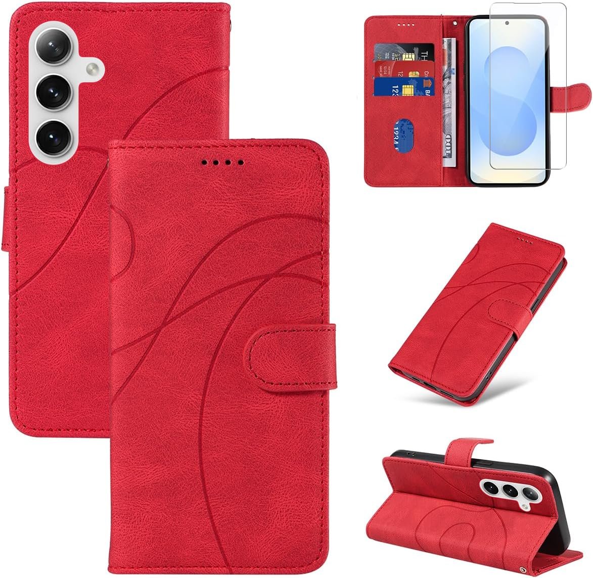 Coque pour Samsung Galaxy S25 5G avec 1 Pièce Protection Écran en Verre Trempé, Housse PU Cuir à Rabat Flip (Rouge)