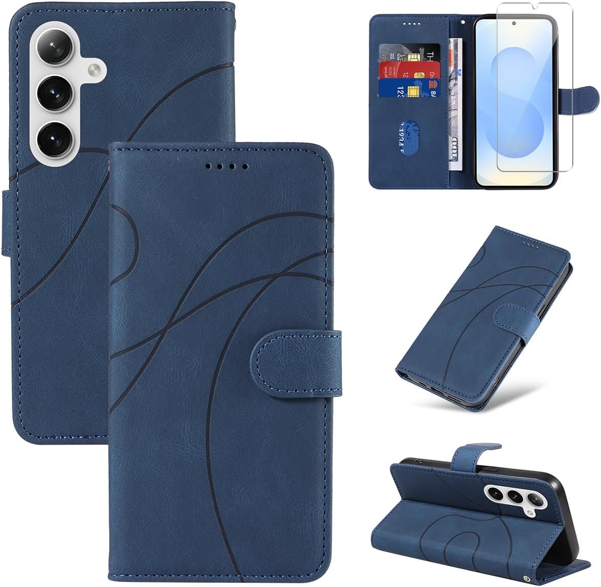 Coque pour Samsung Galaxy S25 5G avec 1 Pièce Protection Écran en Verre Trempé, Housse PU Cuir à Rabat Flip (Bleu)