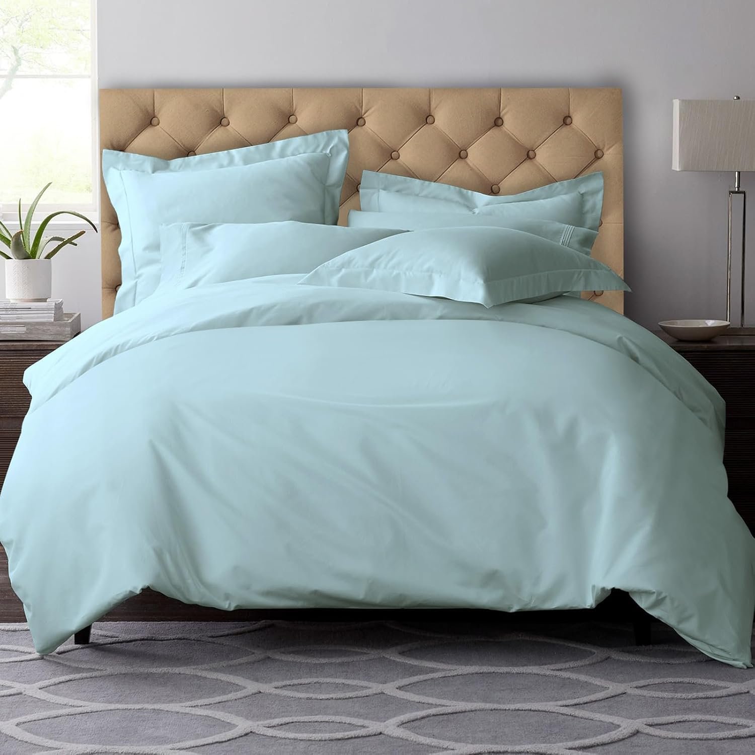Coton Ensemble de Housses de Couette 200x220 cm 2 Personnes Bleu bébé, 600 Fils au Pouce carré, 100% Coton longuement agrafé Housse de Couette avec Fermeture à Bouton caché 2 Pièces