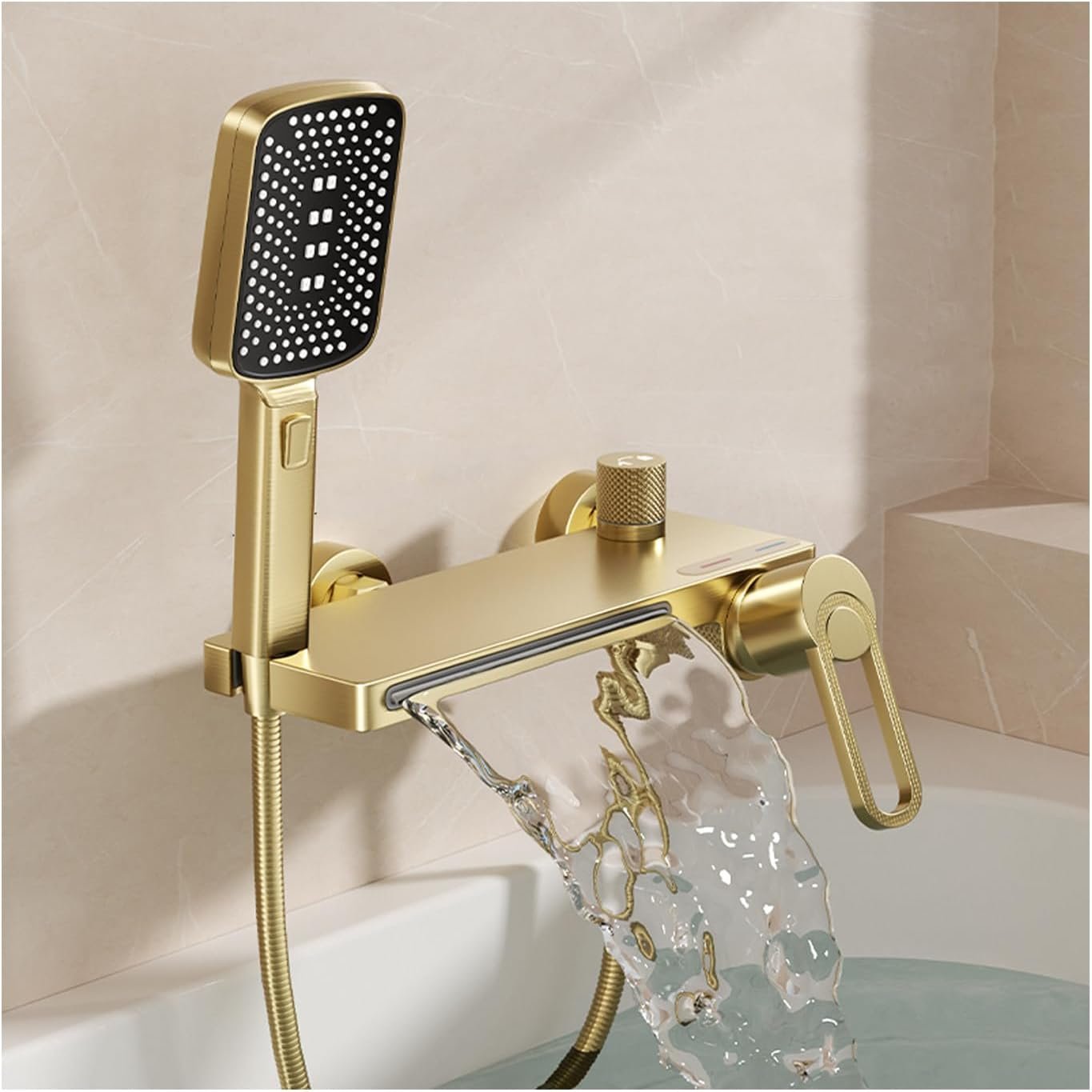 Robinet de Baignoire avec Douchette, Mitigeur Baignoire Cascade Mitigeur Douche Chaud ou Froid Robinet Douche Mural Or Brossé Robinet Salle Bain Baignoire Laiton