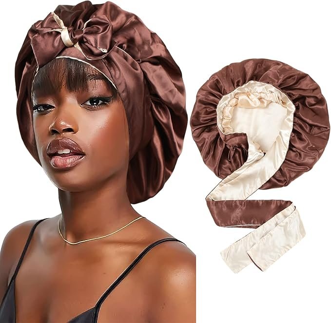 Bonnet en Satin, Bonnet en Soie pour Cheveux bouclés pour Femmes Noires, Bandeau réversible avec nœud pour Bonnet de Nuit