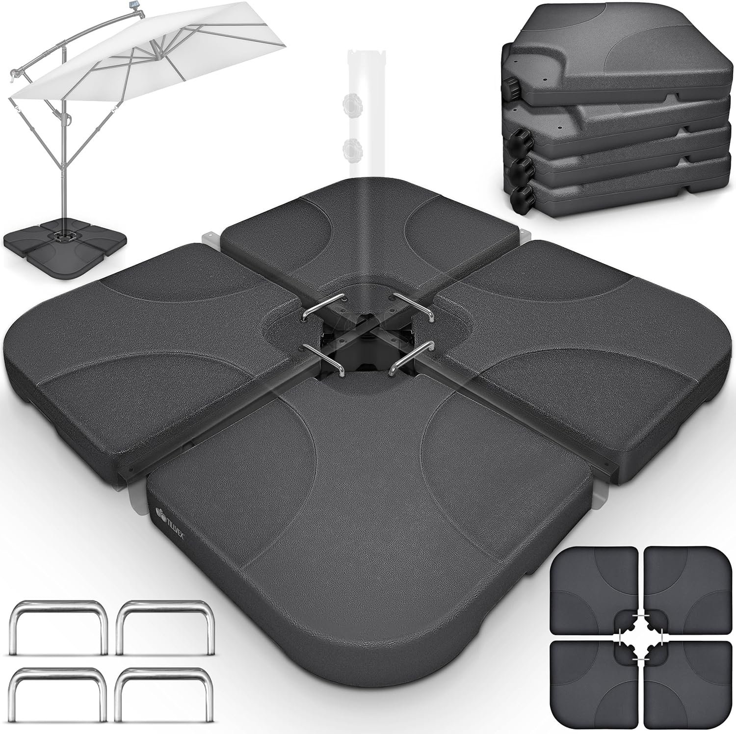 Lestage & Dalles Carrées pour Parasol Déporté – Pied de Parasol 60 litres / 80 kg, 4 Pièces avec Connecteur Métallique | Base Remplissable avec Eau ou Sable | Support de Parasol